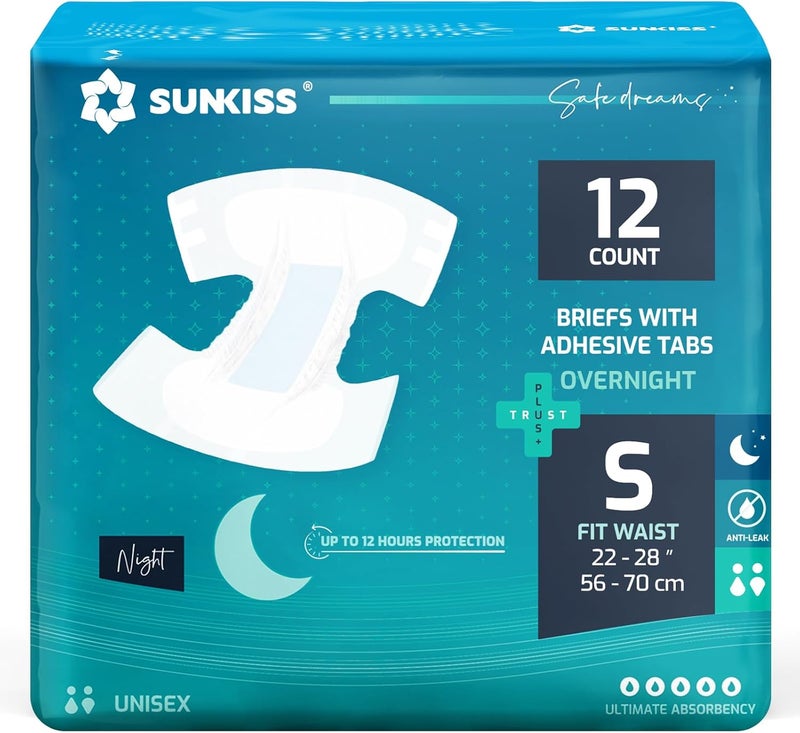 SUNKISS TrustPlus Overnight Adult Diapers with Tabs, Unisex Disposable Incontinence Briefs for Men and Women, Odor Control, Small, 12 Count - Image 1